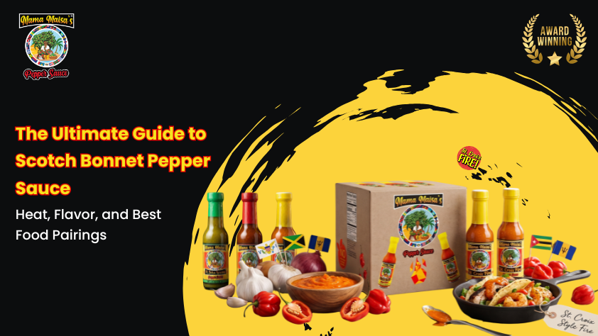 Scotch bonnet pepper sauce Caribbean hot sauce in glass bottle