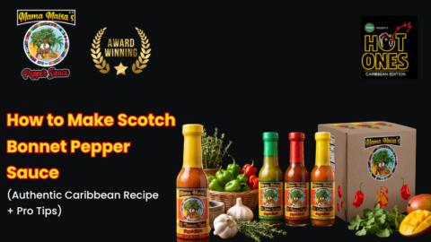 Homemade scotch bonnet pepper sauce in glass jar Caribbean style