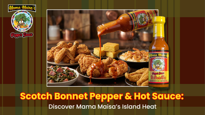 Mama Maisa’s scotch bonnet pepper hot sauce bottles with spicy peppers