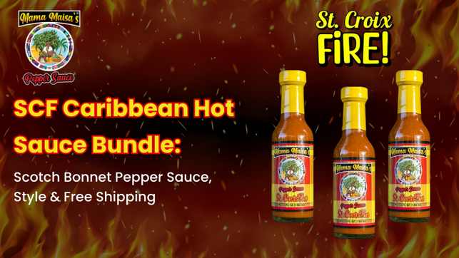 SCF Caribbean hot sauce bundle with three scotch bonnet pepper sauces, apron, and t-shirt