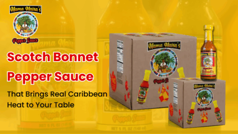 Mama Maisa’s Scotch Bonnet Pepper Sauce 12-pack with bottles and boxes showcasing authentic Caribbean hot sauce and pepper sauce flavor