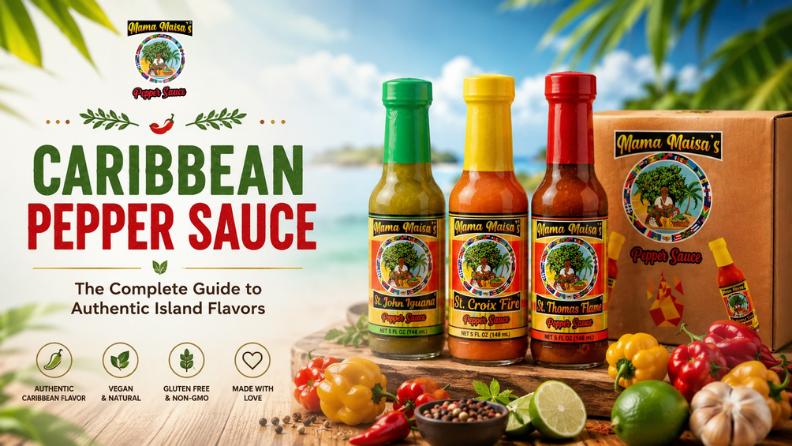 Authentic Caribbean Pepper Sauce made with Scotch Bonnet peppers, garlic, mustard, curry, and lime by Mama Maisa's Pepper Sauce.