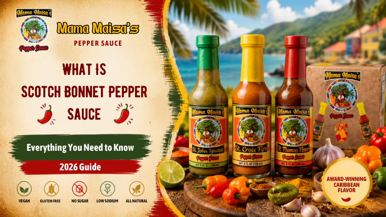 Bottle of Mama Maisa's Scotch Bonnet Pepper Sauce beside Caribbean-inspired meal
