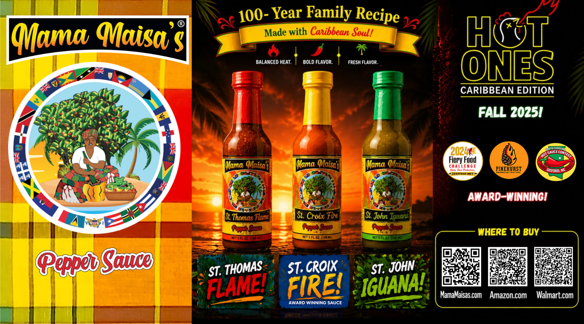 Mama Maisa's Caribbean Pepper Sauce featuring St. Thomas Flame, St. Croix Fire, and St. John Iguana hot sauces