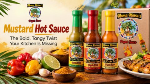 Mustard hot sauce bottle with bold Caribbean-inspired pepper flavor