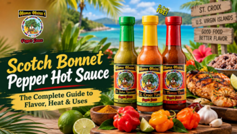 Scotch bonnet pepper hot sauce with Caribbean grilled food